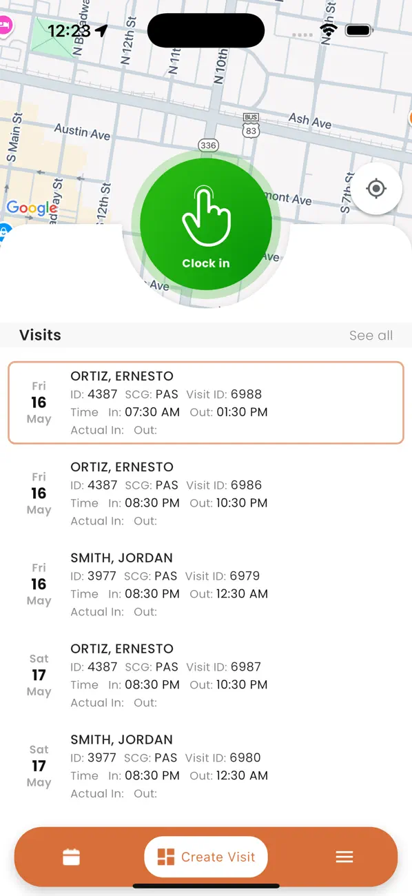 Actual Medius EVV iPhone app showing the clock-in button, location map, and upcoming visits